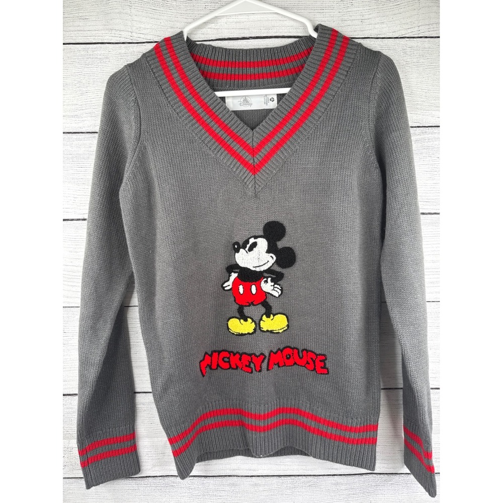 Disney Mickey Mouse Gray V Neck Sweater Womens XS Pullover Knit Top